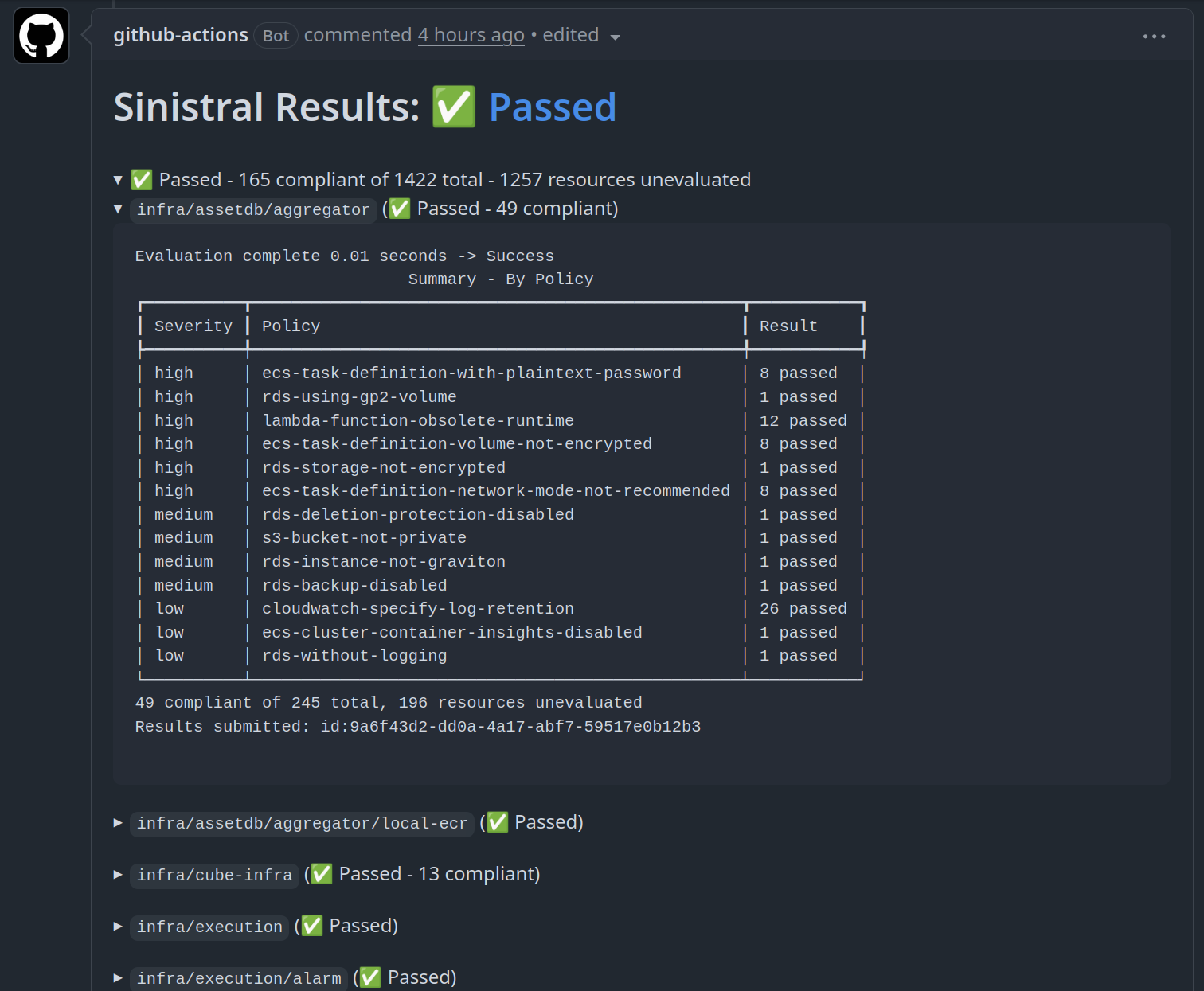 Example PR comment showing Sinistral scan results